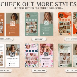 May include: A selection of business card designs in different styles, such as Terracotta, Greenery, Retro Western, Minimalist, Wildflower, and Watercolor. Each card includes a QR code, a photograph, and contact details.