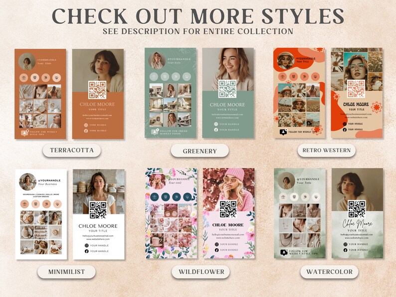 May include: A selection of business card designs in different styles, such as Terracotta, Greenery, Retro Western, Minimalist, Wildflower, and Watercolor. Each card includes a QR code, a photograph, and contact details.