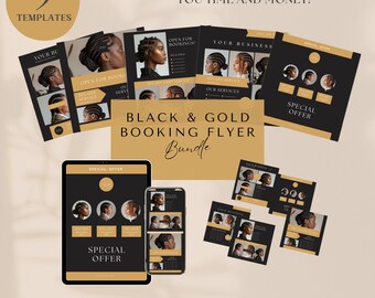 Black & Gold Braid Flyer Bundle: Salon Social Media Template (Canva)