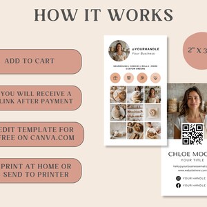 May include: A light beige business card design with the text "HOW IT WORKS." The card features a grid of baked goods photos, a QR code, and measures 5.08 cm x 8.89 cm. Instructions include adding to cart, receiving a link, editing on Canva, and printing.