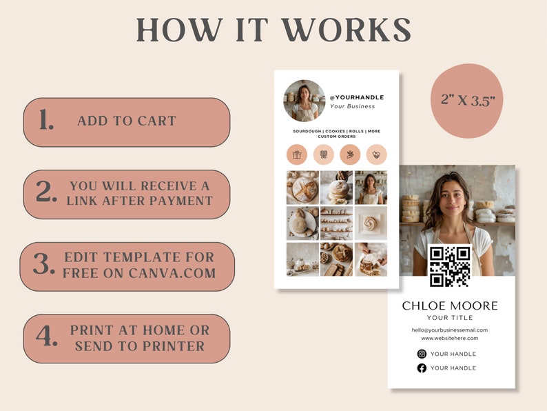 May include: A light beige business card design with the text "HOW IT WORKS." The card features a grid of baked goods photos, a QR code, and measures 5.08 cm x 8.89 cm. Instructions include adding to cart, receiving a link, editing on Canva, and printing.
