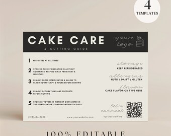 Editable Cake Care Guide Template for Canva Printable Serving Care Instruction for Cake Business Simple DIY Cutting Guide Dessert Insert