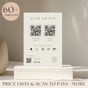 Pode incluir: Um cartaz branco imprimível com o texto "SCAN TO PAY" e dois códigos QR para Cash App e Venmo. O cartaz também inclui ícones para Apple Pay, Google Pay, PayPal, dinheiro e cartão de crédito. O texto "LET'S CONNECT" está abaixo dos ícones com um endereço de site e ícones de mídia social. O cartaz também inclui o texto "YOUR LOGO HERE".
