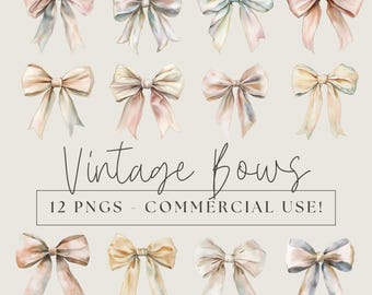 Vintage Watercolor Bow Clipart for Junk Journal PNG Bundle Clip Art for Commercial Use Ribbon Printable for DIY Decor Designs for Crafting