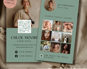 Business Card Template Green IG Networking Card For Photography Entrepreneur With QR Code Chic Business Card Printable Template For Canva