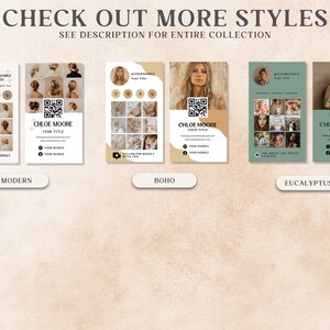 May include: Promotional image with three business card designs: "Modern", "Boho", and "Eucalyptus". Each card features a QR code, social media details, and the text "CHLOE MOORE YOUR TITLE". The top text reads "CHECK OUT MORE STYLES SEE DESCRIPTION FOR ENTIRE COLLECTION".