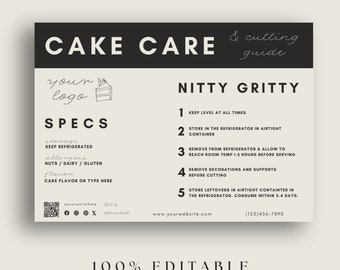 Cake Care Card Editable Template Canva Modern Custom Cake Instruction for Wedding DIY Printable Cake Cutting Guide for Bakery Care Marketing