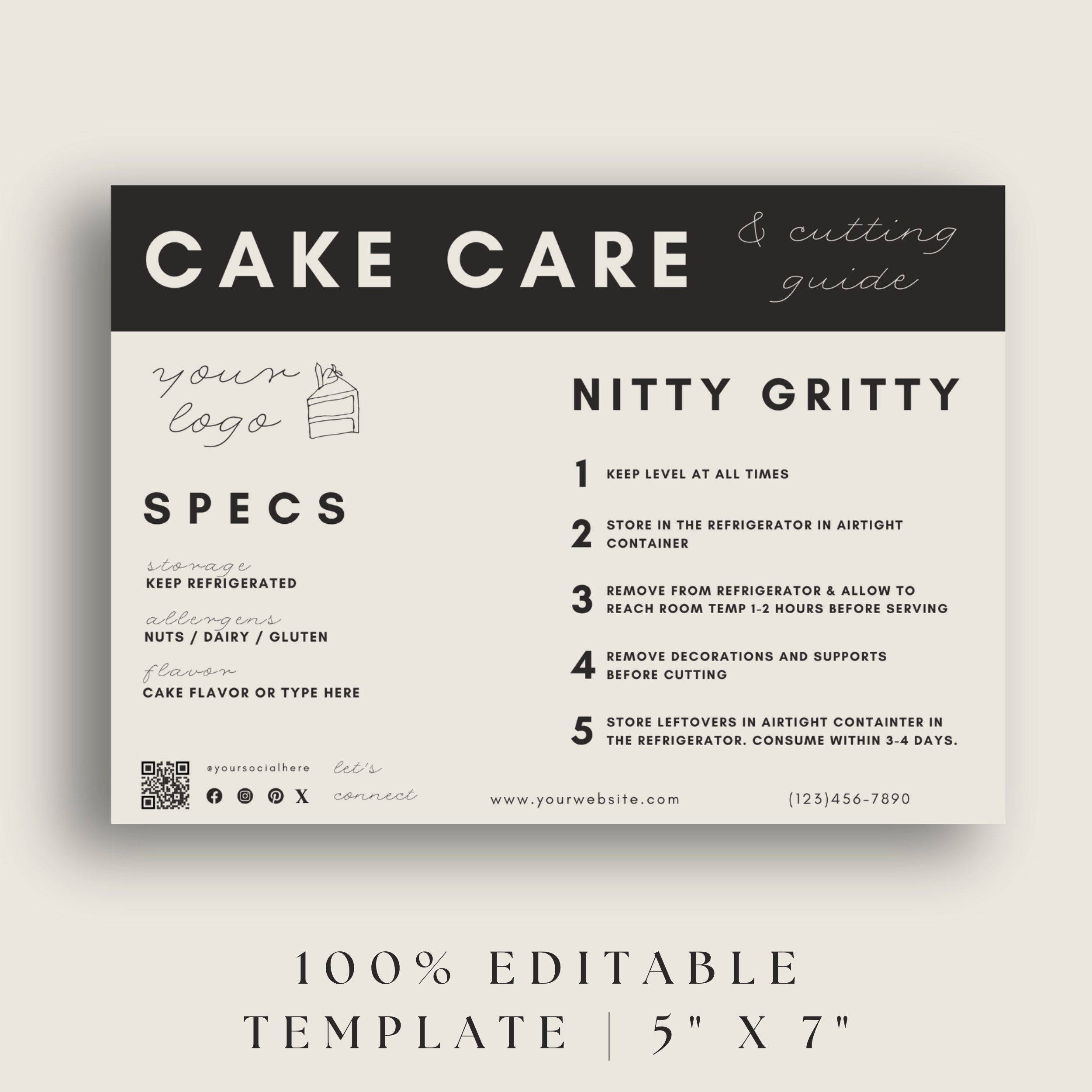 Cake Care Card Editable Template Canva Modern Custom Cake Instruction ...