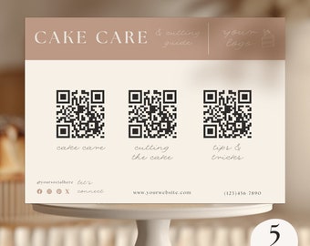 Plantilla de tarjeta para el cuidado de pasteles: Instrucciones de panadería moderna con código QR (Canva editable, descarga digital)