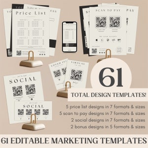 Op de afbeelding: Een verzameling marketingtemplates, waaronder prijslijsten, social media-ontwerpen en scan-to-pay-ontwerpen. De templates worden weergegeven op papier en een smartphone, vastgehouden door goudkleurige houders. De tekst "61 Bewerkbare marketingtemplates" is inbegrepen.