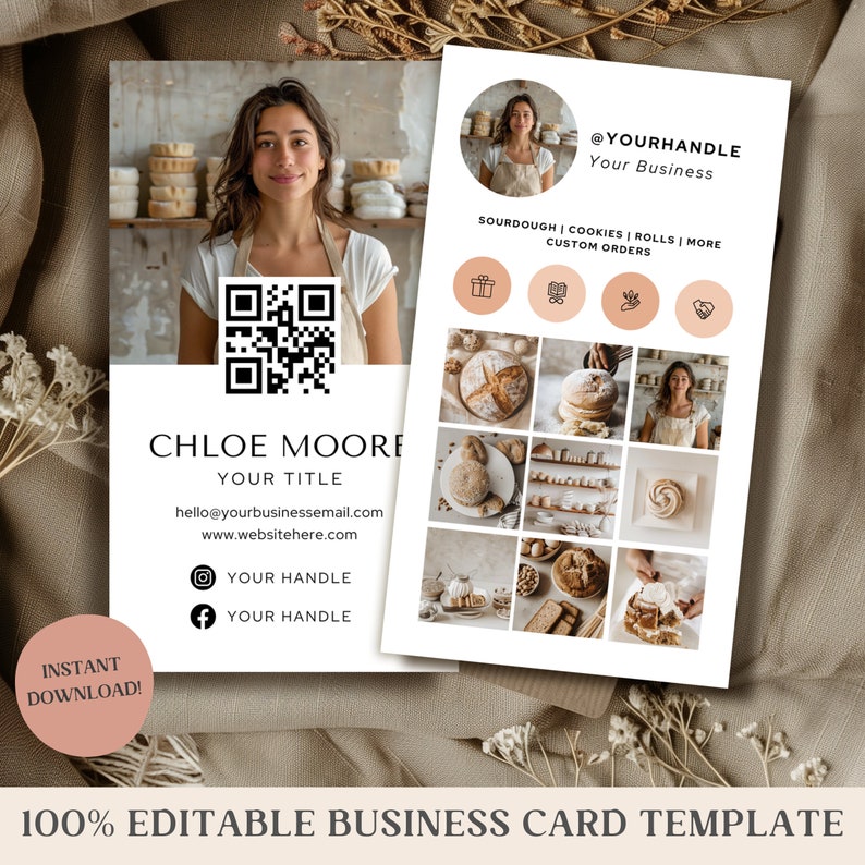 Minimalist Editable Business Card Template For Canva Bakery Branding Card