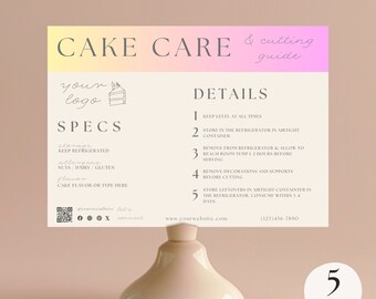 Cake Care Card Template Bundle for Canva Personalized Instruction for Bakery Editable Gradient Cutting Guide for Cake Business Brand Label