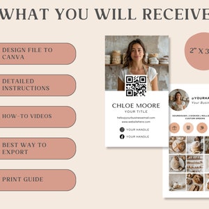 May include: A digital marketing package featuring a business card design, a photo of a woman, and a QR code. The business card measures 5.08 cm by 8.89 cm. The package includes design files, instructions, videos, export tips, and a print guide.