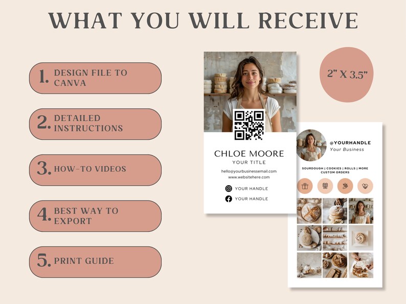 May include: A digital marketing package featuring a business card design, a photo of a woman, and a QR code. The business card measures 5.08 cm by 8.89 cm. The package includes design files, instructions, videos, export tips, and a print guide.