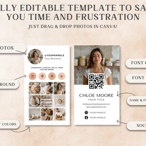 May include: A business card template with a light beige background. The card features a photo of a woman, a QR code, and text that reads "CHLOE MOORE" and "YOUR TITLE". The template is fully editable and designed to save time.