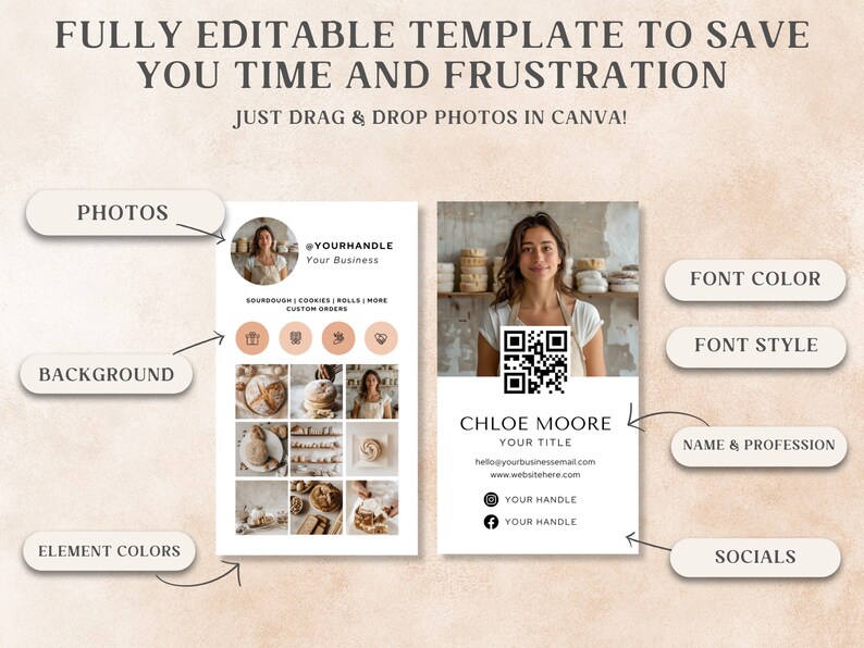 May include: A business card template with a light beige background. The card features a photo of a woman, a QR code, and text that reads "CHLOE MOORE" and "YOUR TITLE". The template is fully editable and designed to save time.