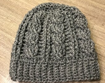 Grey Cable Crochet Beanie