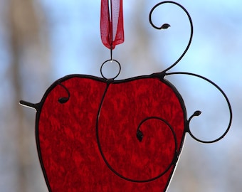 Stained Glass Little Red Love Bird Sun Catcher