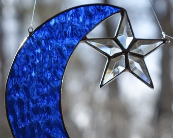 Stained Glass Cobalt Blue Crescent Moon Sun Catcher