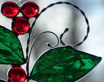 Stained Glass Red Berry Sprig Sun Catcher