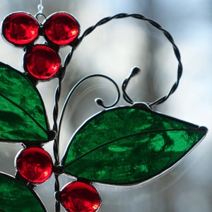 Stained Glass Red Berry Sprig Sun Catcher