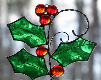 Stained Glass Holly Berry Sprig Sun Catcher