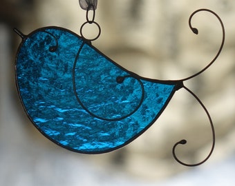 Stained Glass Little Teal Blue Colored Bird Sun Catcher