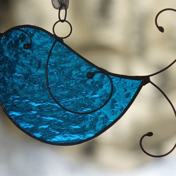 Stained Glass Little Teal Blue Colored Bird Sun Catcher