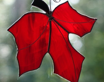 Stained Glass Red Maple Leaf Sun Catcher