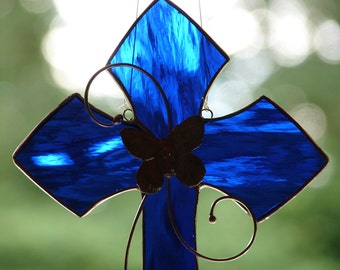 Stained Glass Cobalt Blue Cross Sun Catcher