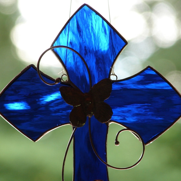 Stained Glass Cobalt Blue Cross Sun Catcher