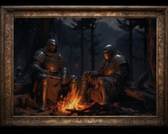 May include: Two figures in dark armor sit by a campfire in a dark forest. The figures are facing each other and appear to be talking. The fire is burning brightly and casting a warm glow on the figures.