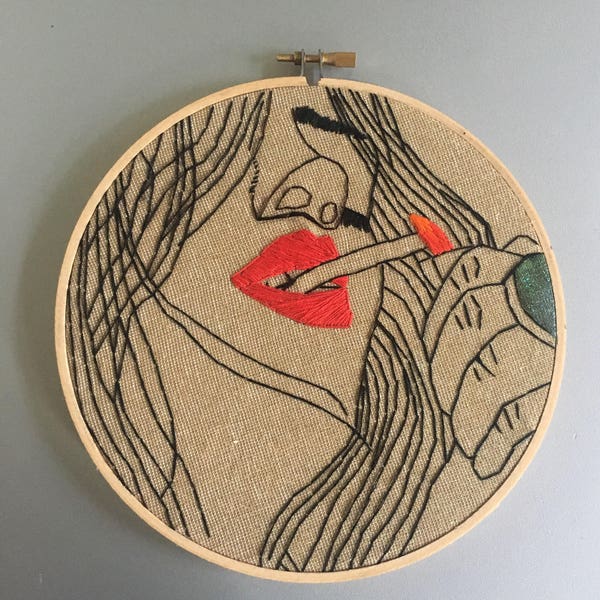 Stay Golden - hand drawn and embroidered marijuana inspired hoop art wall hanging