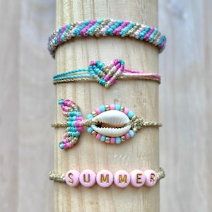 Fish Charm Bracelet Set of 4, Cowrie Shell Stack, Adjustable Friendship Bracelets, Beach Jewelry