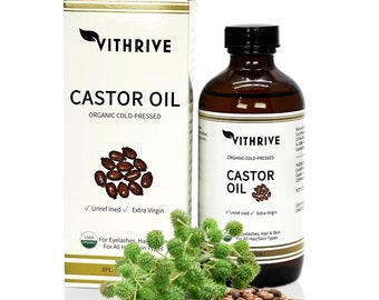 Huile de ricin biologique Vithrive, 8 onces liquides - Huile de ricin pressée à froid pour la croissance de la peau, des cheveux et des cils - Traitement capillaire certifié et sans OGM.