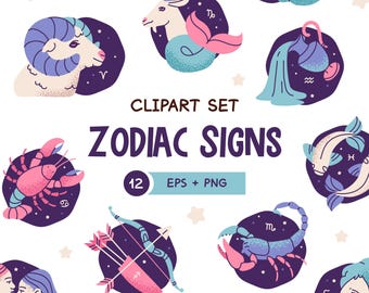 Zodiac Sign Clipart Set: 12 Astrology Illustrations (PNG & EPS)