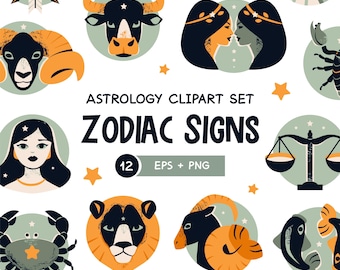 Conjunto de imágenes prediseñadas del zodíaco: signos astrológicos, símbolos del horóscopo, ilustraciones místicas para manualidades e imprimibles