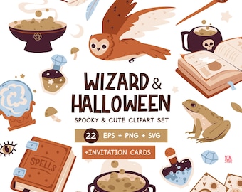 Conjunto de imágenes prediseñadas de mago de Halloween: Ilustraciones mágicas y espeluznantes (PNG, SVG, EPS)