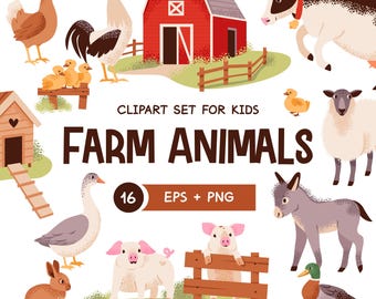 Farm Animals Clipart Set, Barnyard Illustration (PNG, EPS)