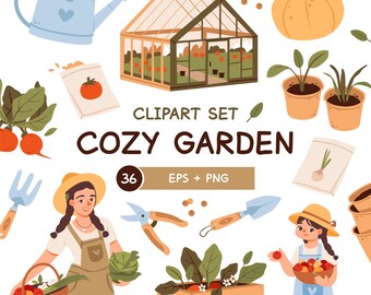 Gardening Clipart Set | Farm Fresh Vegetables, Garden Tools & Farmers Illustrations | PNG + EPS