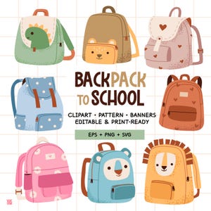 Puede incluir: Una colección de mochilas coloridas con diseños de animales y corazones. La imagen incluye una mochila de dinosaurio verde, una mochila de oso marrón, una mochila de corazón rosa y una mochila azul con lunares. El texto dice "BACKPACK TO SCHOOL".