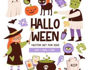 Halloween Kids Clipart | Witch, Ghost, Pumpkin (EPS, PNG, SVG)