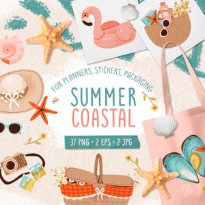 Puede incluir: Ilustraciones con temática de verano que incluyen un flotador de flamenco, conchas marinas, una cesta de picnic, un bolso de mano y un sombrero para el sol. El texto "SUMMER COASTAL" se muestra con el texto "FOR PLANNERS, STICKERS, PACKAGING" encima.