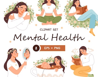 Conjunto de imágenes prediseñadas de salud mental: ilustraciones de autocuidado, atención plena, relajación y bienestar (paquete PNG y EPS)