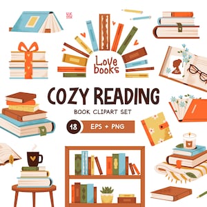 Peut inclure: Illustration de livres et d'éléments sur le thème de la lecture. L'image comprend des piles de livres, des livres ouverts, une étagère et le texte "Cozy Reading Book Clipart Set". La palette de couleurs utilise des tons chauds de marron, orange et bleu.