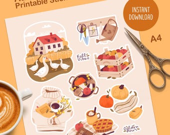Gezellige herfststickers: herfstplanner, plakboek, dagboek (afdrukbaar A4-pakket)
