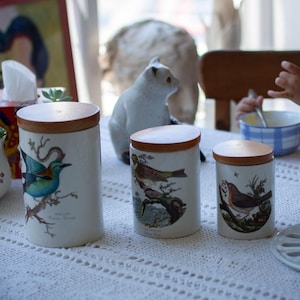 Vintage set of 3 small ceramic jars, kitchen organization canisters Portmeirion Birds, Portmeirion storage jars, lidded kitchen containers
