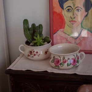 Può includere: Due vasi in ceramica bianca con disegni floreali. Un vaso contiene cactus e piante grasse. L'altro è vuoto. Entrambi hanno un manico. I vasi sono su un panno bianco su una superficie di legno scuro.