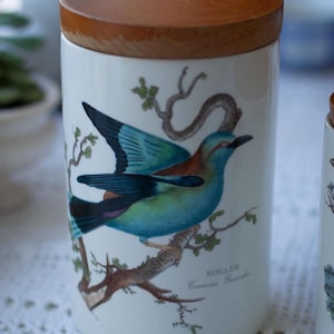 Set of 3 Portmeirion Birds of England Kitchen Organization Canisters, Vintage Ceramic Portmeirion Storage Jars, Container with Wooden Lids