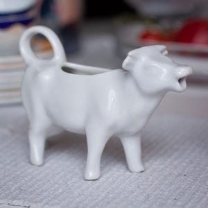 Antique white porcelain cow creamer - Vintage french small milk jug, creamer pitcher, vintage cookware, ceramic creamer pitcher